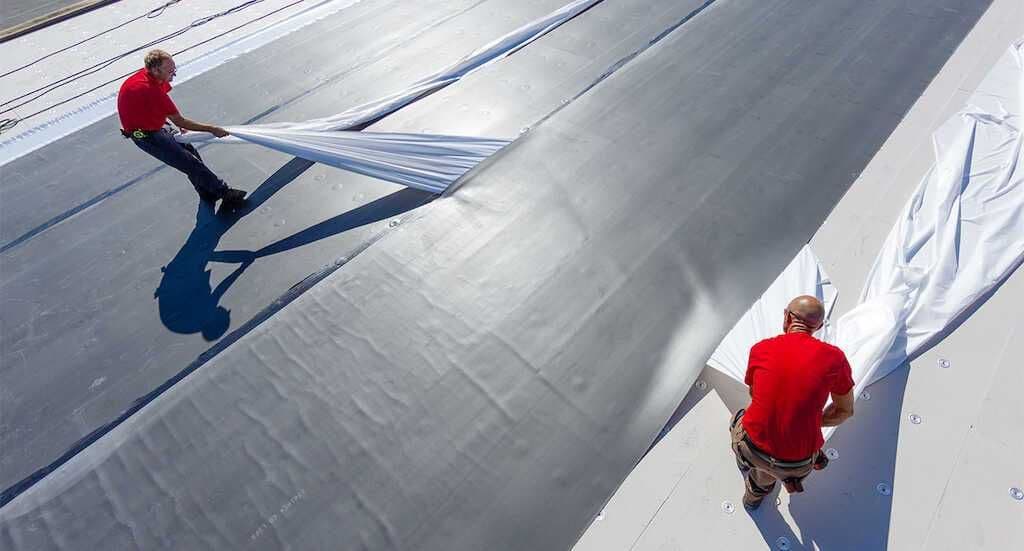 Mule-Hide TPO membrane installation on a Twin Cities flat roof