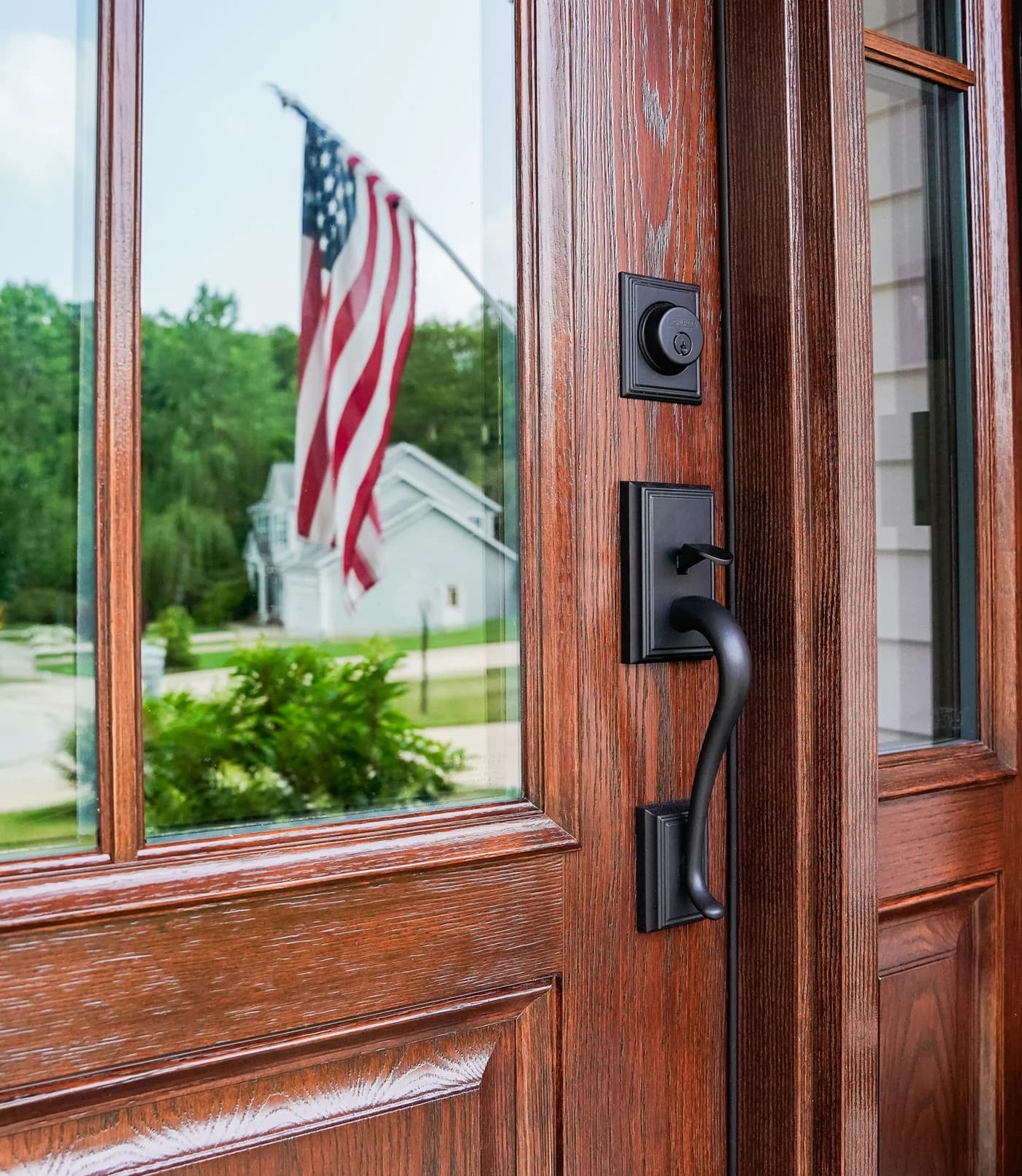ProVia Signet fiberglass entry door, Oak grain in Caramel