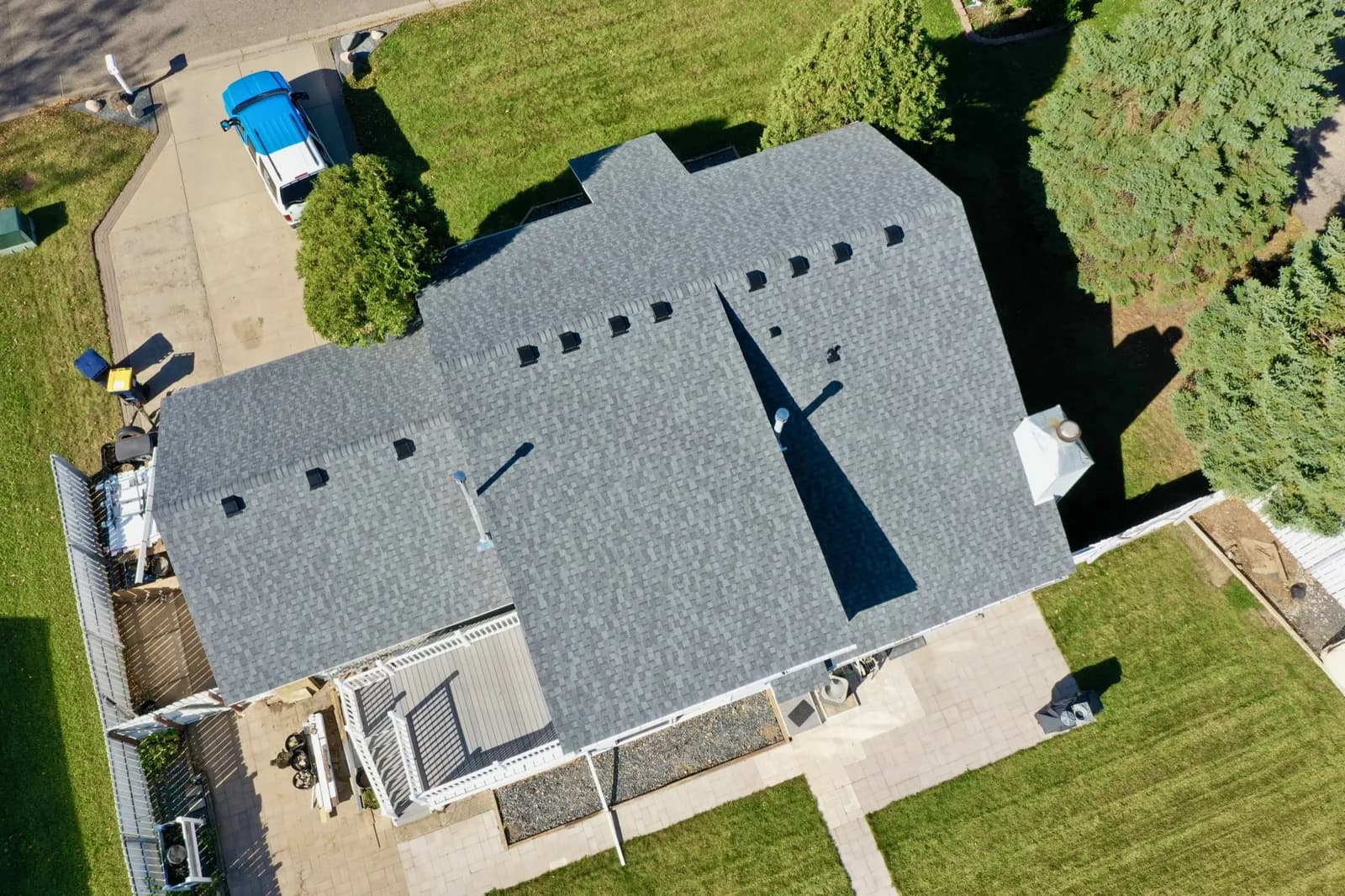 Aerial view of the same Apple Valley home after a new architectural asphalt roof by Modern Exterior Systems