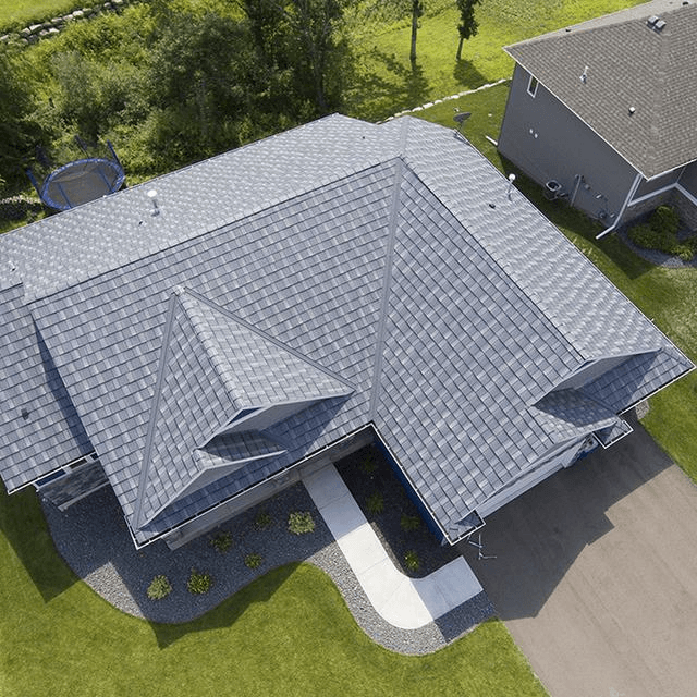 Aerial drone view of a Carver County home with EDCO metal roofing