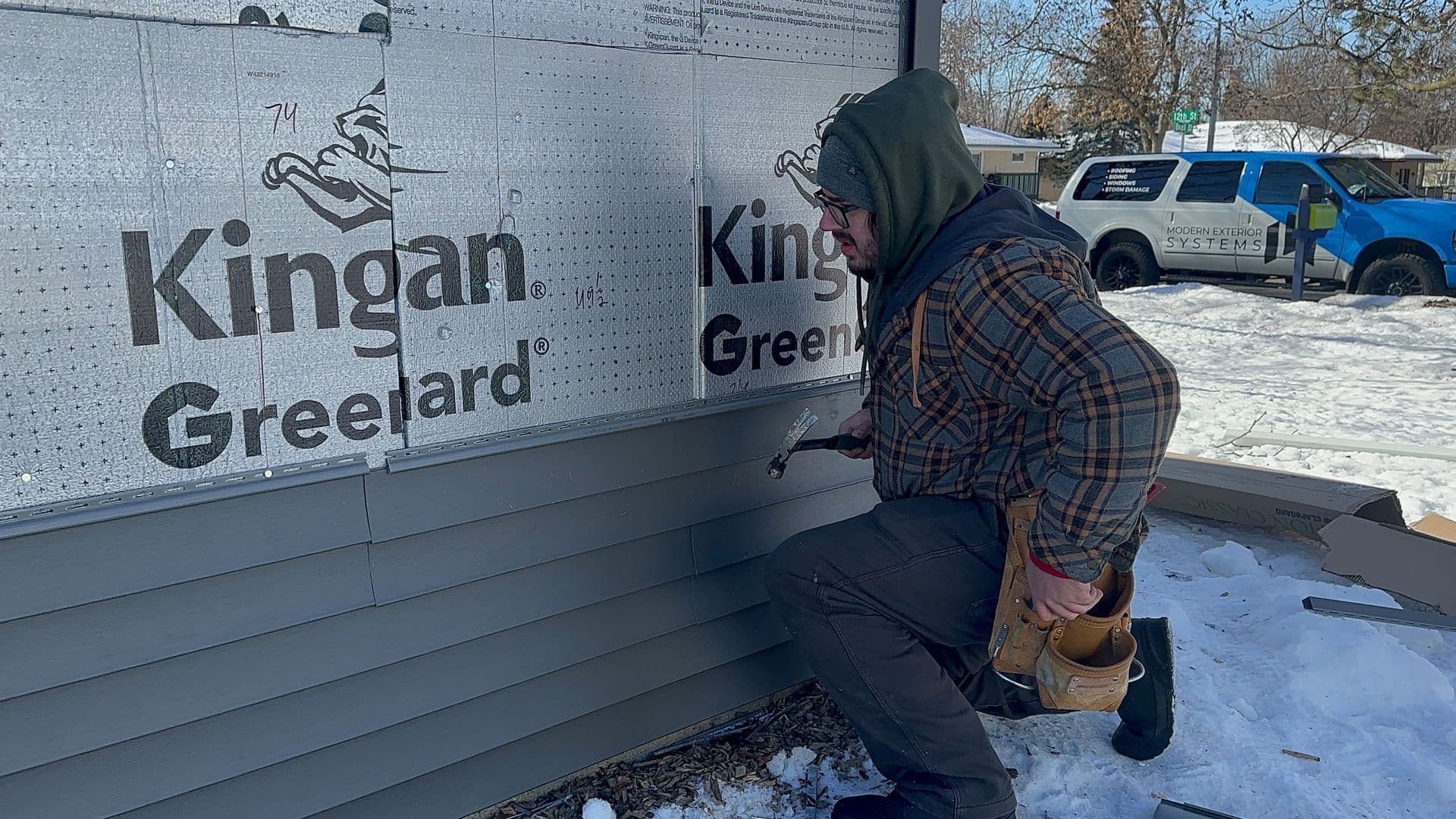 Kingspan GreenGuard RainDrop drainable housewrap installed on a home before siding goes on — a Modex siding job