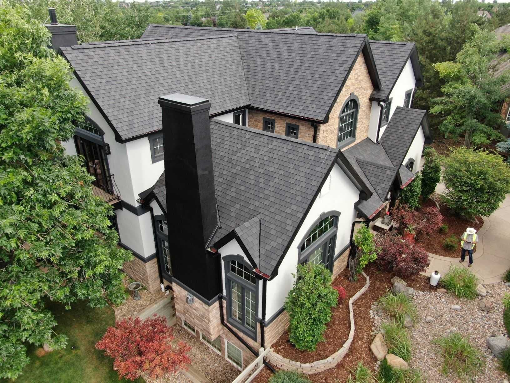 Drone view of a completed Modern Exterior Systems roof on a Twin Cities home
