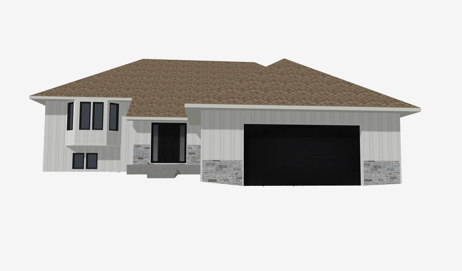 3D rendering of a Twin Cities split-level home redesigned with white board-and-batten siding, stone accents, and a black garage door — created by Modern Exterior Systems before installation