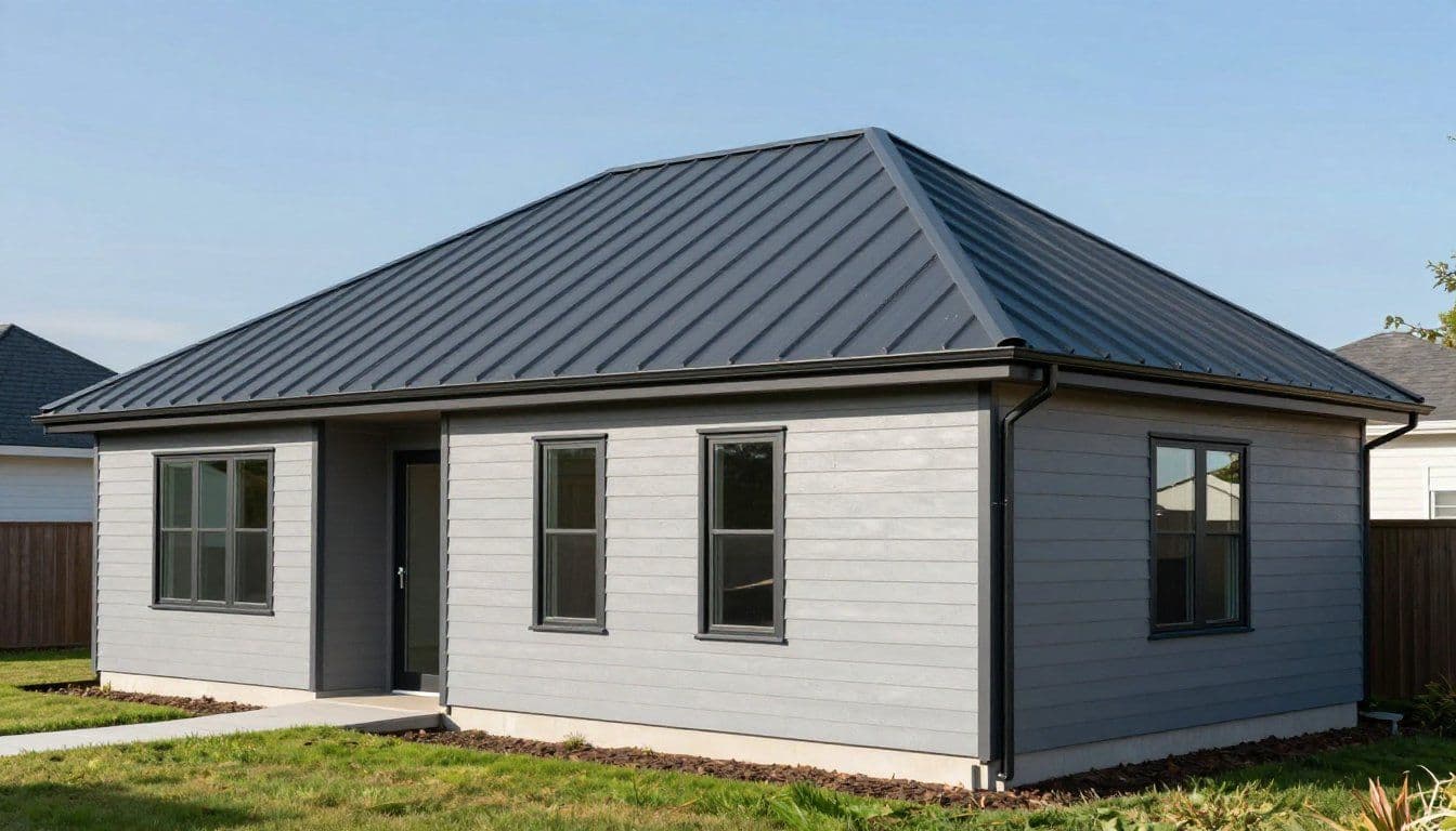 Modern home featuring a metal roof and gray siding with large windows