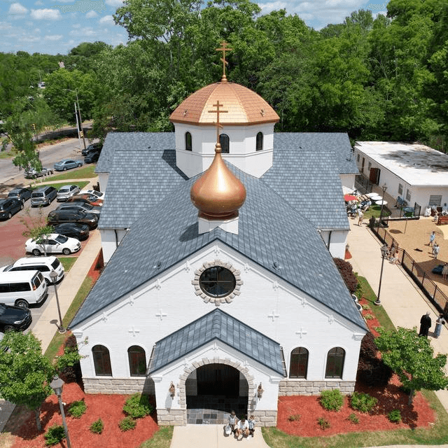 EDCO Arrowline Slate and Shake metal roof on a church — preview your color with the EDCO Visualizer