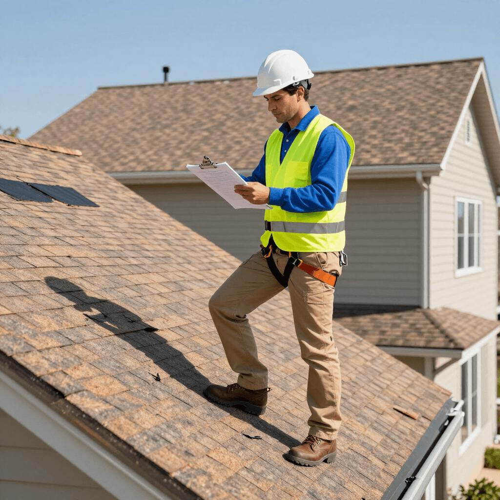 Modex roofer inspecting an asphalt shingle roof in the Twin Cities ahead of a residential repair quote