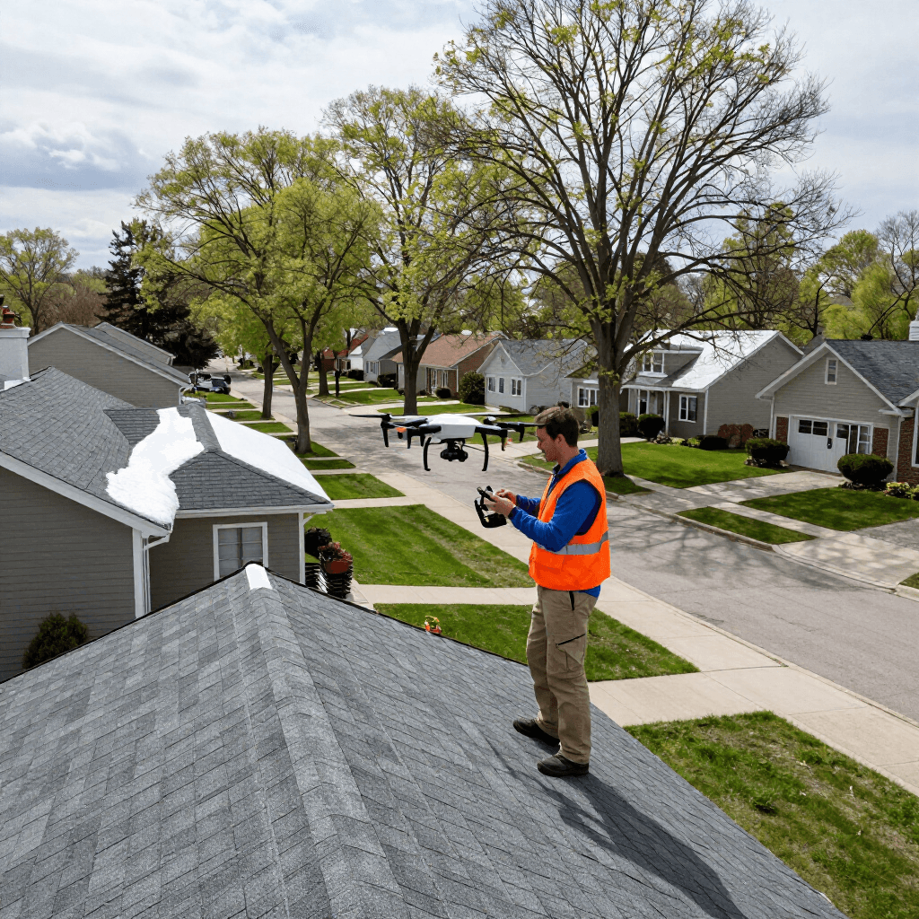 Modex technician walking a Twin Cities asphalt shingle roof to trace a leak